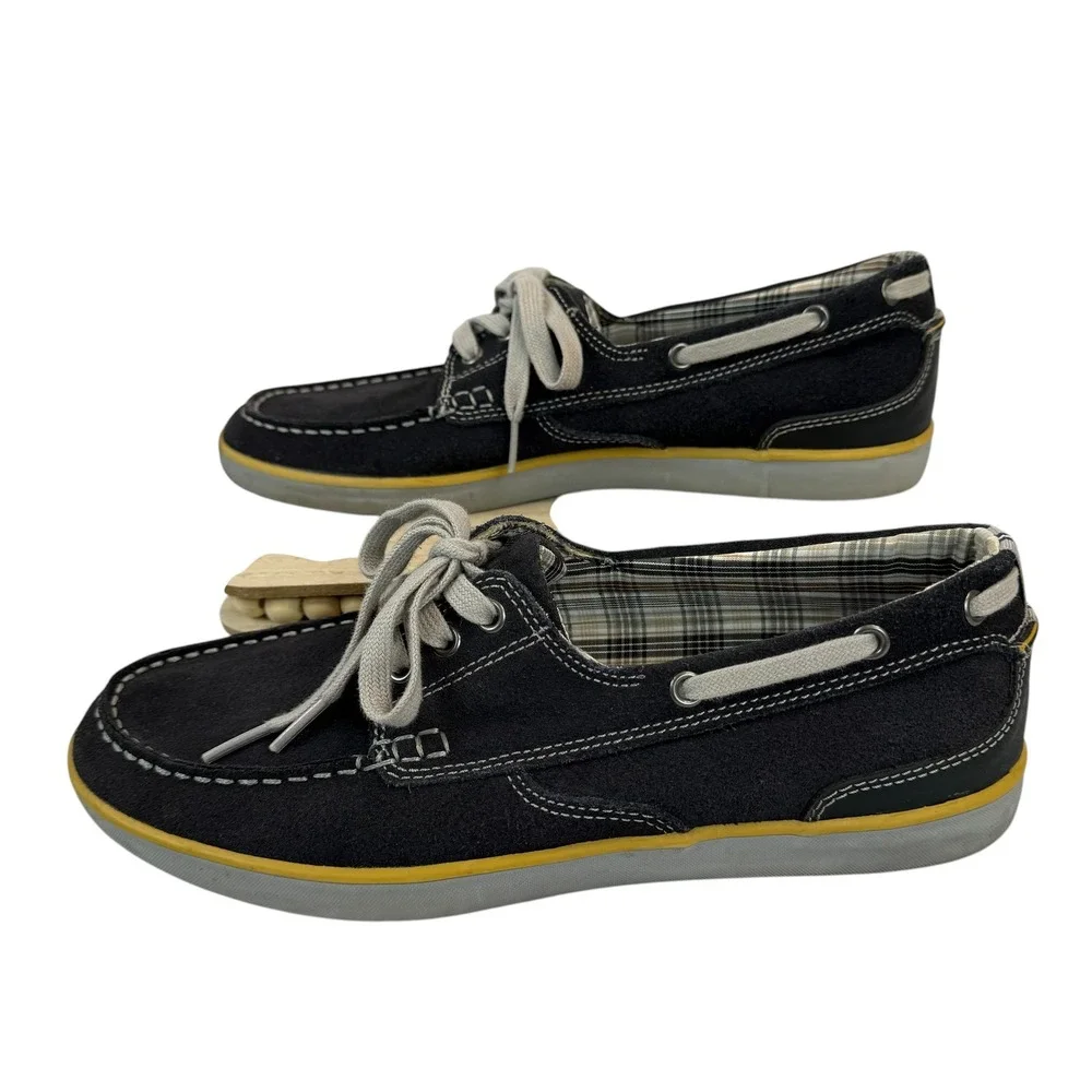 Clarks Boat Shoes 10M Navy Blue Suede Leather Plaid Lining 63561